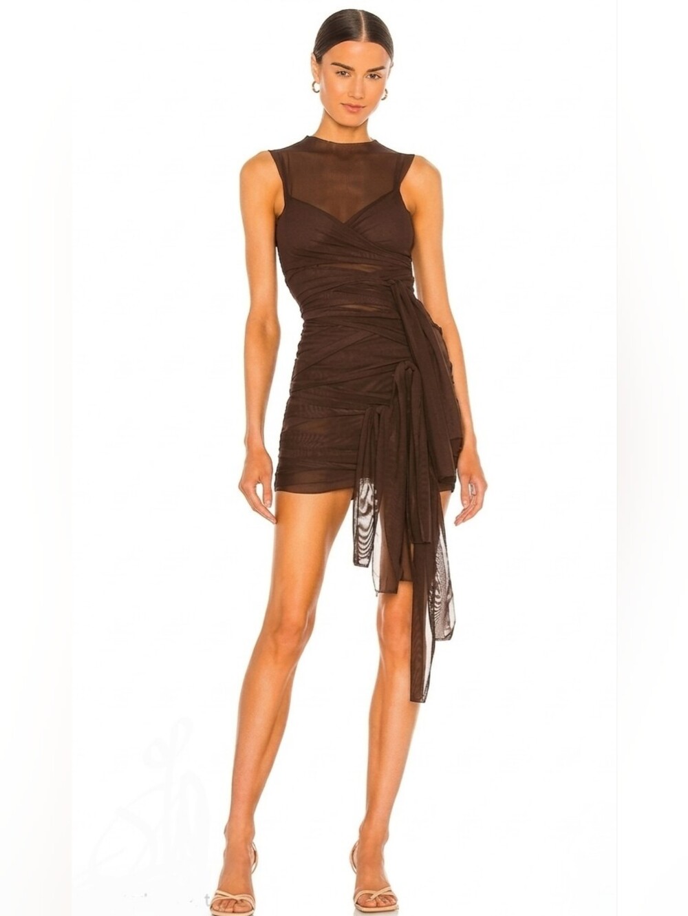 MICAS Sheer Mesh Wrap Tie Ribbon Midi Dress